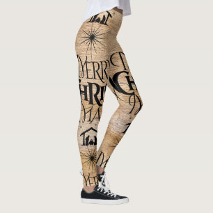 Merry Christmas Religious Calligraphy Rustic Wood Leggings