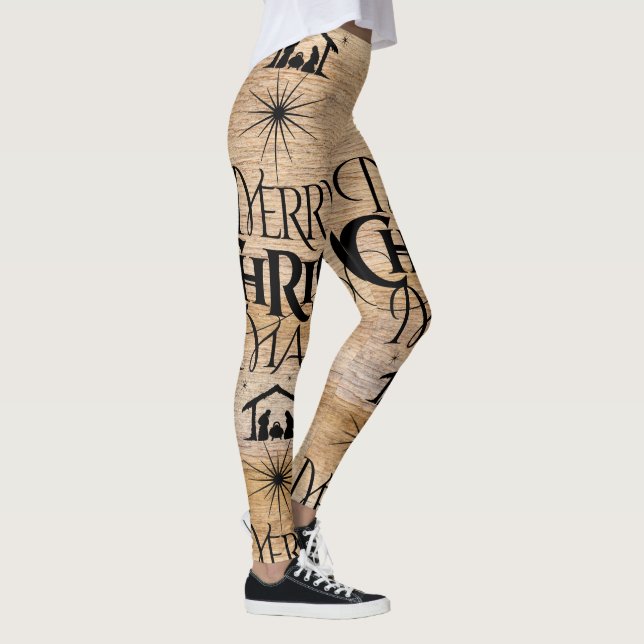 Merry Christmas Religious Calligraphy Rustic Wood Leggings (Right)