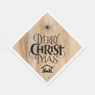 Merry Christmas Religious Calligraphy Rustic Wood Napkin