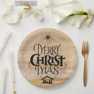 Merry Christmas Religious Calligraphy Rustic Wood Paper Plate