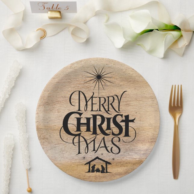 Merry Christmas Religious Calligraphy Rustic Wood Paper Plate (Wedding)