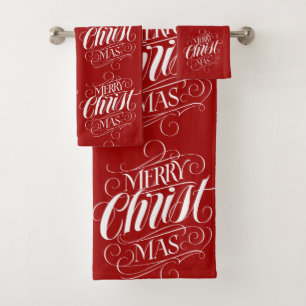 Merry CHRISTmas Religious Calligraphy Script Red Bath Towel Set