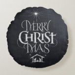 Merry CHRISTmas Religious Chalkboard Nativity Round Pillow<br><div class="desc">Fashionable and fun chalkboard look. We say 'Merry Christmas' but often we forget the origin of the words. This original hand lettering uses its unique design to tell the story simply and elegantly. Show your CHRISTmas spirit. Perfect classy and classic holiday decoration. And when the holidays are over just turn...</div>