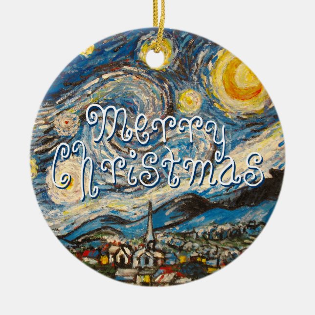 Merry Christmas repainted Starry Night Van Gogh Ceramic Ornament (Front)