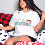 Merry Christmas Retro 80's Font Santa Hat Blue Red Tri-Blend Shirt<br><div class="desc">This cute,  girly Merry Christmas design was created using a fun modern script font and my hand lettered block font in a retro 80's style in aqua blue and red.  It features my hand painted Santa hat with holly and berries.</div>