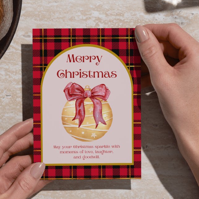 merry christmas retro arch buffalo plaid red  holiday card (Creator Uploaded)