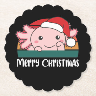 Merry Christmas Retro Axolotl Christmas Paper Coaster