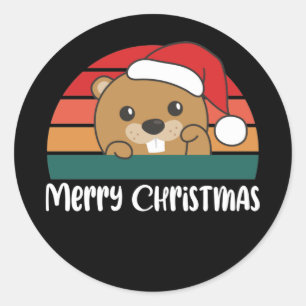 Merry Christmas Retro Beaver Christmas Classic Round Sticker