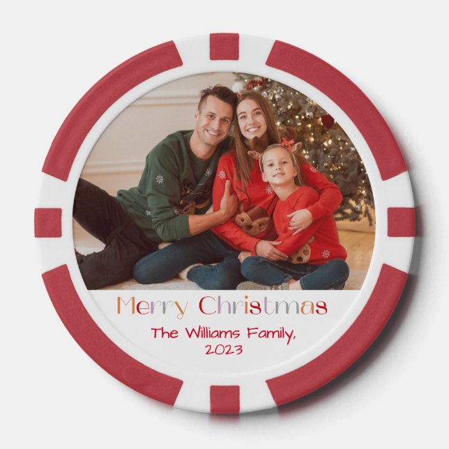merry christmas retro calligraphy holiday photo poker chips (Front)