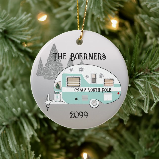 Merry Christmas Retro Camper Trailer Camper Ceramic Ornament (Tree)