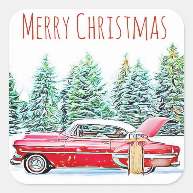 Merry Christmas Retro Car and Sled Wintery Square Sticker (Front)