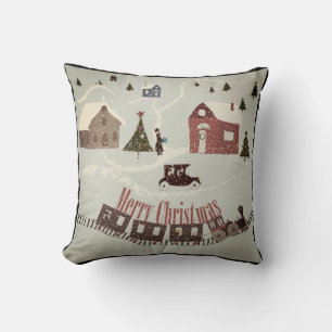 Merry Christmas retro cartoon landscape train hous Throw Pillow
