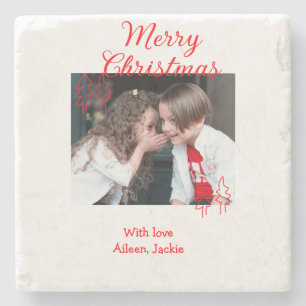 Merry Christmas retro Christmas tree kids photo na Stone Coaster