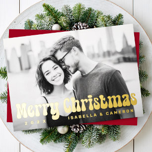 Merry Christmas retro font add name deep red photo Foil Holiday Card