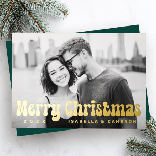 Merry Christmas retro font deep green photo Foil Holiday Card