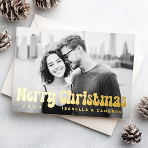 Merry Christmas retro font name year photo Foil Holiday Card