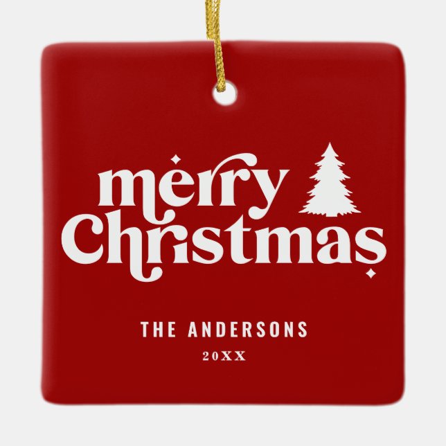 Merry Christmas retro font photo holiday Ceramic Ornament (Front)