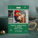 Merry Christmas Retro Green Photo Personalized<br><div class="desc">Merry Christmas Retro Green Photo Personalized Family Name Modern Christmas Cards features a your favourite photo with your the text "Merry Christmas & Happy New Year" in modern script typography. Perfect for Christmas to send to friends and family. PHOTO TIP: centre your photos before uploading to Zazzle. Designed by ©2024...</div>