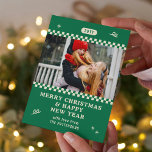 Merry Christmas Retro Green Photo Personalized Holiday Card<br><div class="desc">Merry Christmas Retro Green Photo Personalized Family Name Modern Christmas Cards features a your favourite photo with your the text "Merry Christmas & Happy New Year" in modern script typography. Perfect for Christmas to send to friends and family. PHOTO TIP: centre your photos before uploading to Zazzle. Designed by ©2024...</div>