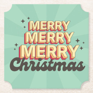 Merry Christmas retro groovy text seasonal Paper Coaster