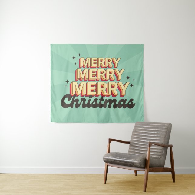 Merry Christmas retro groovy text seasonal Tapestry (In Situ (Horizontal))