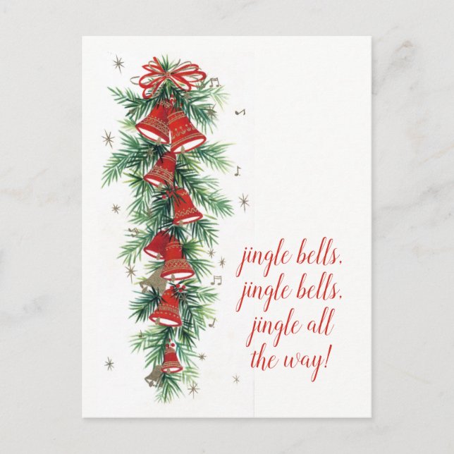 Merry Christmas | Retro Jingle Bells & Pines Holiday Postcard (Front)