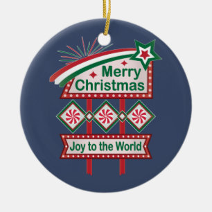 Merry Christmas Retro Marquee – Joy to the World Ceramic Ornament
