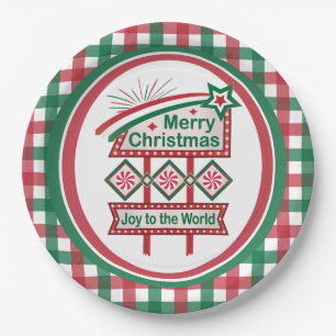 Merry Christmas Retro Marquee – Joy to the World Paper Plate