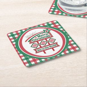 Merry Christmas Retro Marquee – Joy to the World Square Paper Coaster