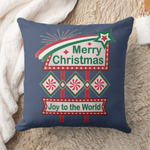 Merry Christmas Retro Marquee – Joy to the World Throw Pillow