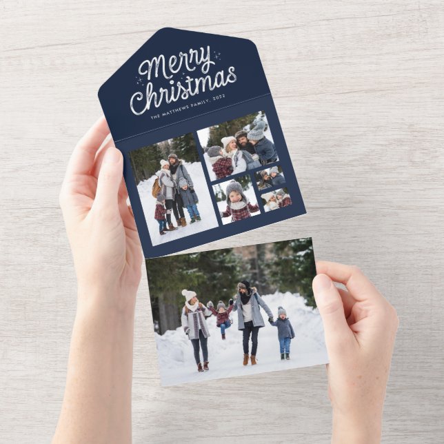 Merry Christmas retro navy six photo collage All In One Invitation (Tearaway)