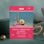 Merry Christmas Retro Pink Photo Personalized<br><div class="desc">Merry Christmas Retro Pink Photo Personalized Family Name Modern Christmas Cards features a your favourite photo with your the text "Merry Christmas & Happy New Year" in modern script typography. Perfect for Christmas to send to friends and family. PHOTO TIP: centre your photos before uploading to Zazzle. Designed by ©2024...</div>