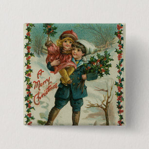 Merry Christmas - retro postcard, children, holly 2 Inch Square Button