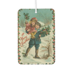 Merry Christmas - retro postcard, children, holly Air Freshener