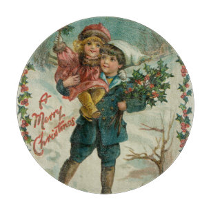 Merry Christmas - retro postcard, children, holly Cutting Board