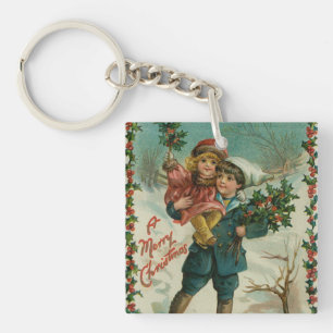 Merry Christmas - retro postcard, children, holly Keychain