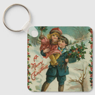 Merry Christmas - retro postcard, children, holly Keychain