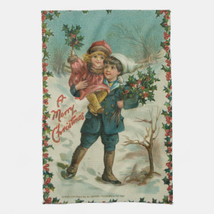 Merry Christmas - retro postcard, children, holly Kitchen Towel