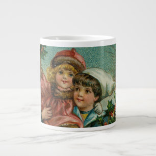 Merry Christmas - retro postcard, children, holly Large Coffee Mug