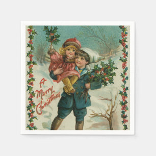 Merry Christmas - retro postcard, children, holly Napkin
