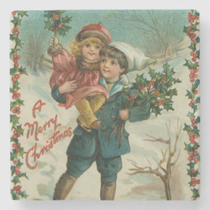 Merry Christmas - retro postcard, children, holly Stone Coaster