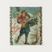 Merry Christmas - retro postcard, children, holly