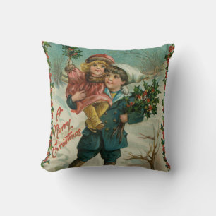 Merry Christmas - retro postcard, children, holly Throw Pillow