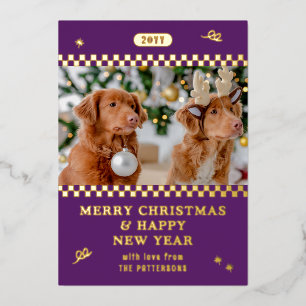 Merry Christmas Retro Purple Photo Personalized Foil Holiday Card