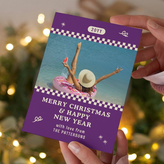 Merry Christmas Retro Purple Photo Personalized Holiday Card (Creator Uploaded)