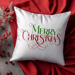 Merry Christmas Retro Red and Green Typography Throw Pillow