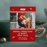 Merry Christmas Retro Red Photo Personalized<br><div class="desc">Merry Christmas Retro Red Photo Personalized Family Name Modern Christmas Cards features a your favourite photo with your the text "Merry Christmas & Happy New Year" in modern script typography. Perfect for Christmas to send to friends and family. PHOTO TIP: centre your photos before uploading to Zazzle. Designed by ©2024...</div>