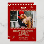 Merry Christmas Retro Red Photo Personalized Foil Holiday Card<br><div class="desc">Merry Christmas Retro Red Photo Personalized Family Name Modern Foil Christmas Cards Holiday Cards features a your favourite photo with your the text "Merry Christmas & Happy New Year" in modern foil script typography. Perfect for Christmas to send to friends and family. Designed by ©2024 Evco Studio www.zazzle.com/store/evcostudio</div>