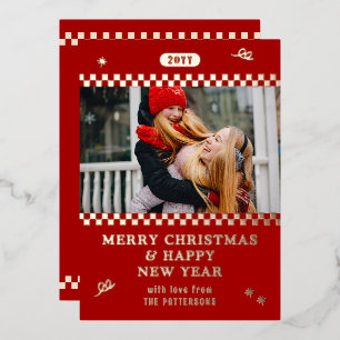 Merry Christmas Retro Red Photo Personalized Foil Holiday Card
