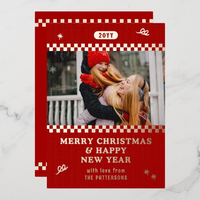Merry Christmas Retro Red Photo Personalized Foil Holiday Card (Front/Back)